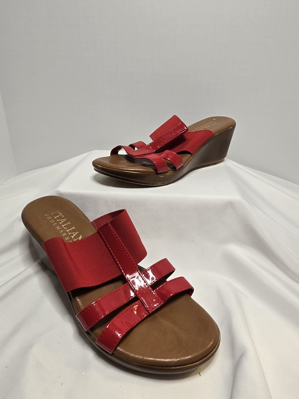 Italian Shoemakers Red Patent & Brown Wedge Slide Sandals